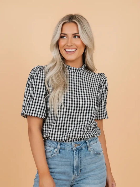 Gingham Plaid Frilled Neck Blouse
