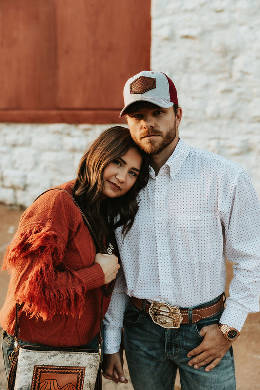 Men's White Button up- red & gold detail