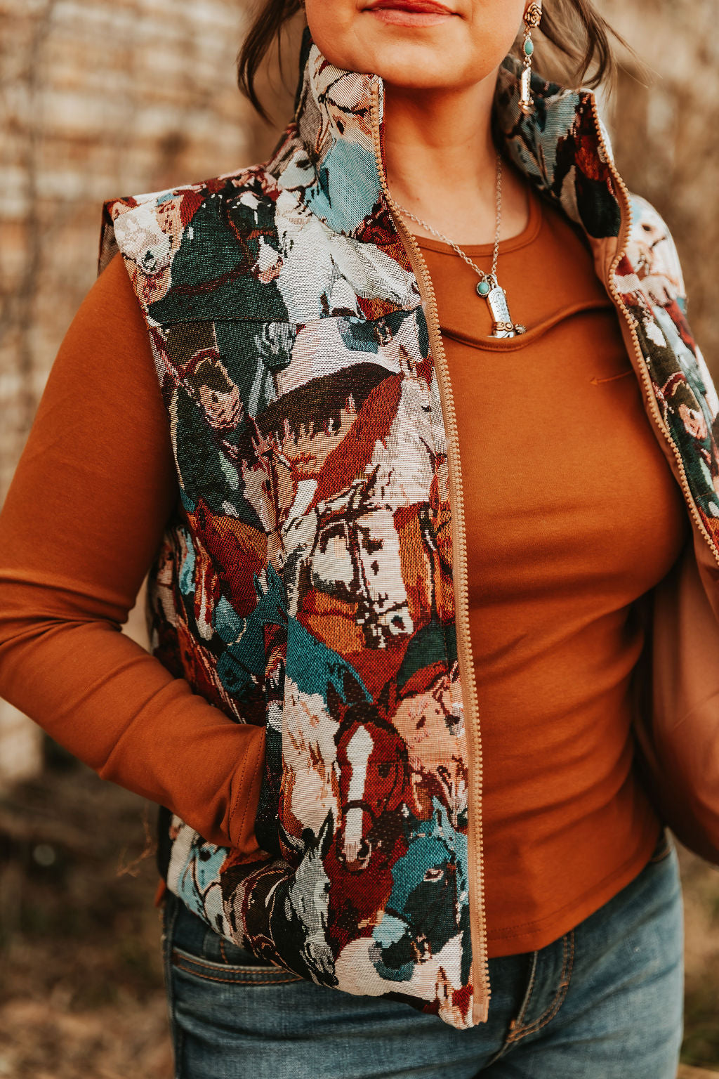 Embroidered Western Arrows Yoke Top- Camel