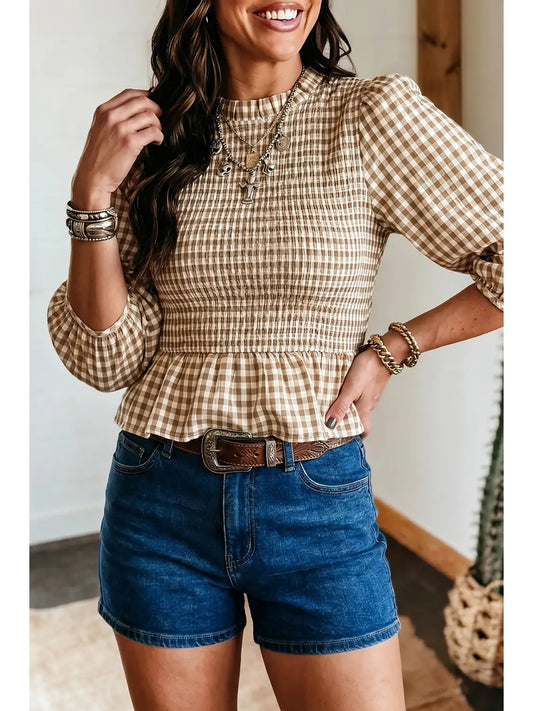 Plaid 3/4 Sleeve Shirred Round Neck Peplum Top