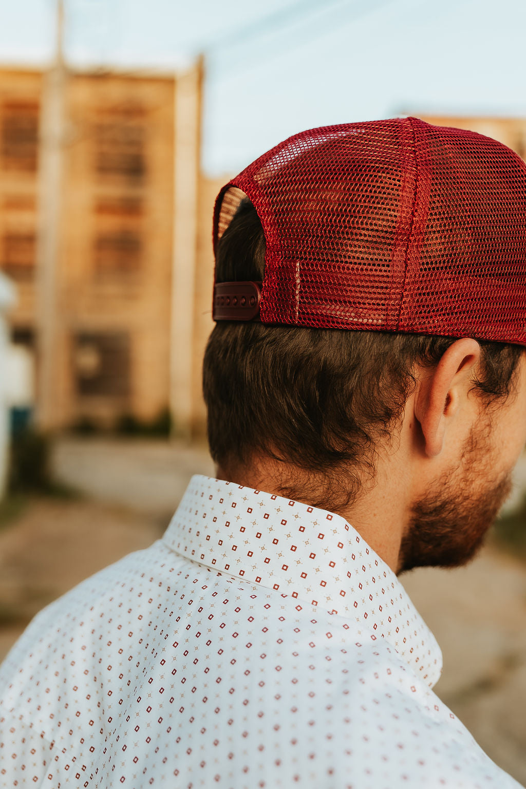 Men's White Button up- red & gold detail