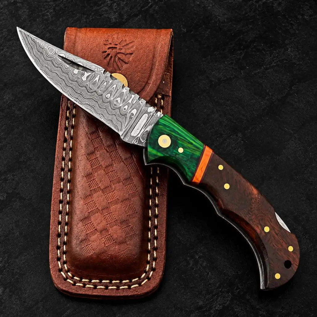 Emerald Crest Damascus Folding Knife