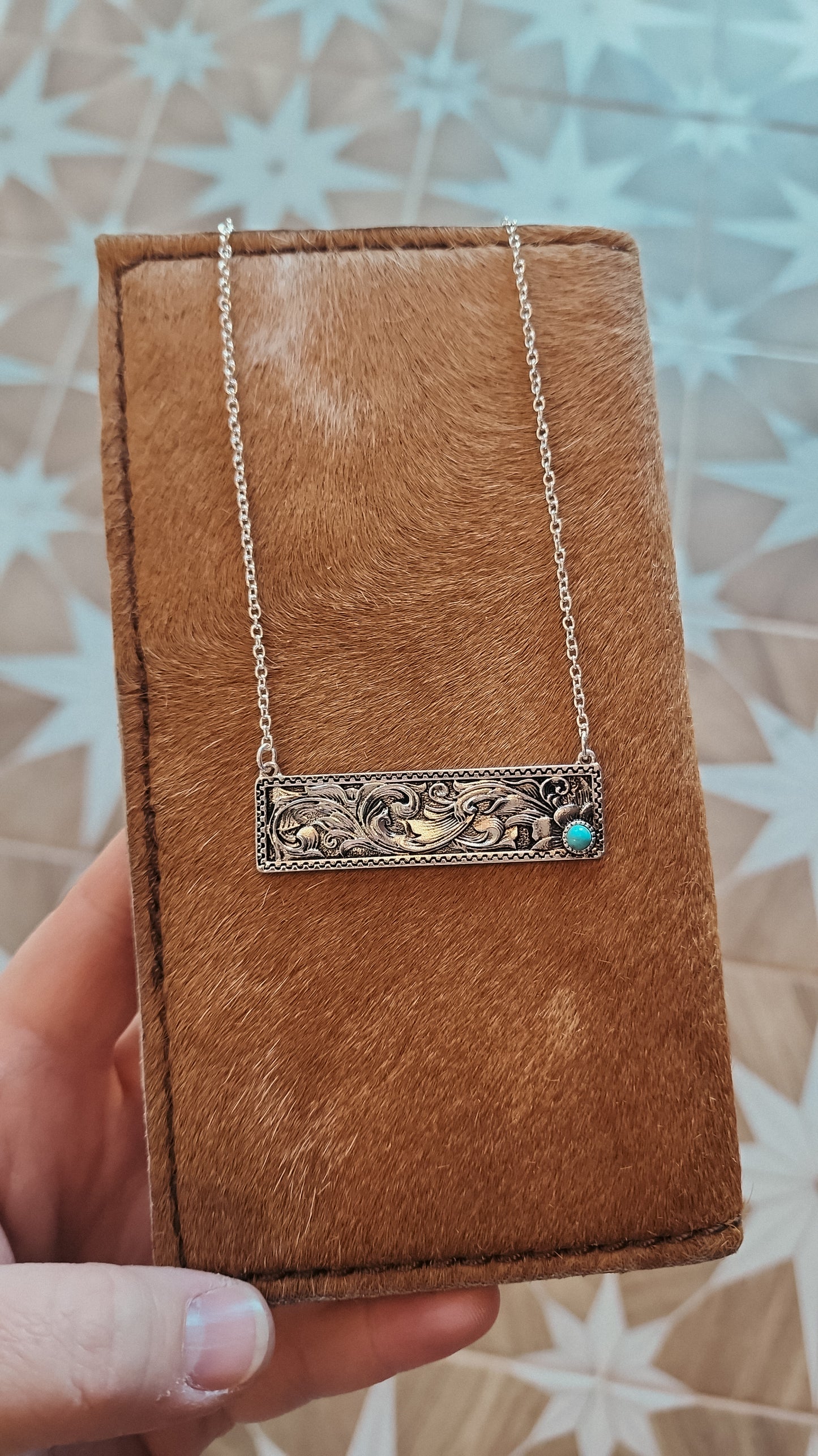 Bar Necklace- Scroll/Turquoise stone