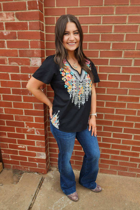 Black floral embroidered top