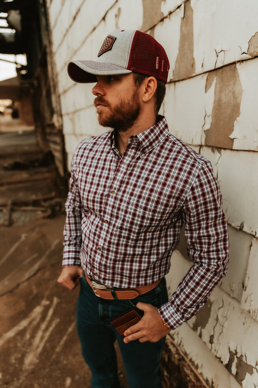 Maroon Plaid Riata Wrangler button up