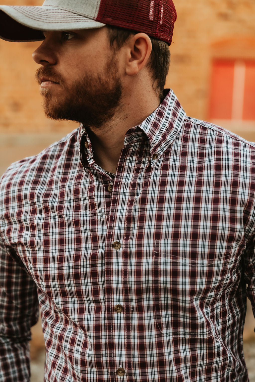 Maroon Plaid Riata Wrangler button up