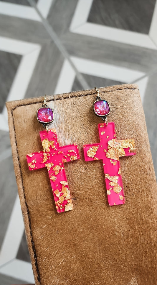 Hot Pink Cross Earrings