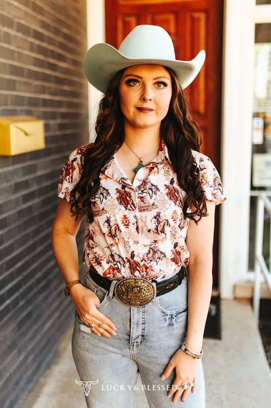 Western Beige Button Down Ruffle Sleeve Blouse