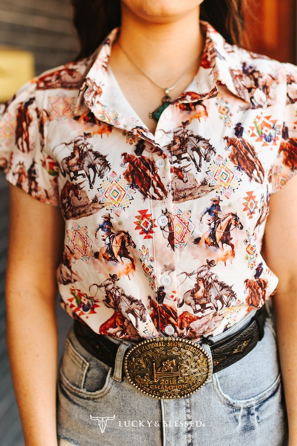 Western Beige Button Down Ruffle Sleeve Blouse