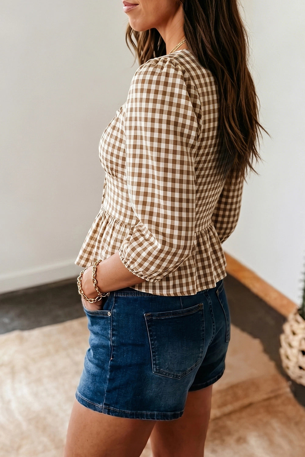 Plaid 3/4 Sleeve Shirred Round Neck Peplum Top