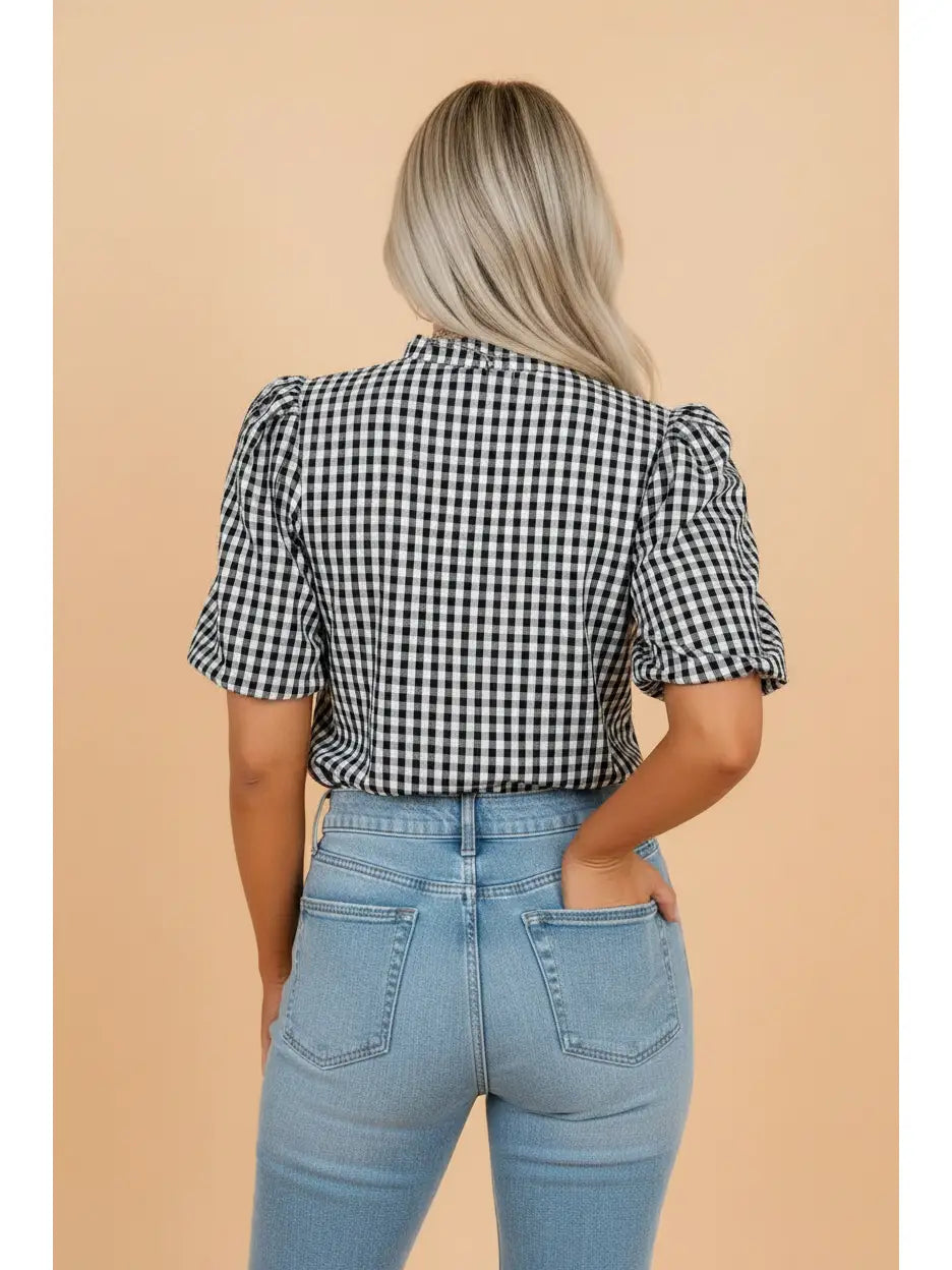 Gingham Plaid Frilled Neck Blouse
