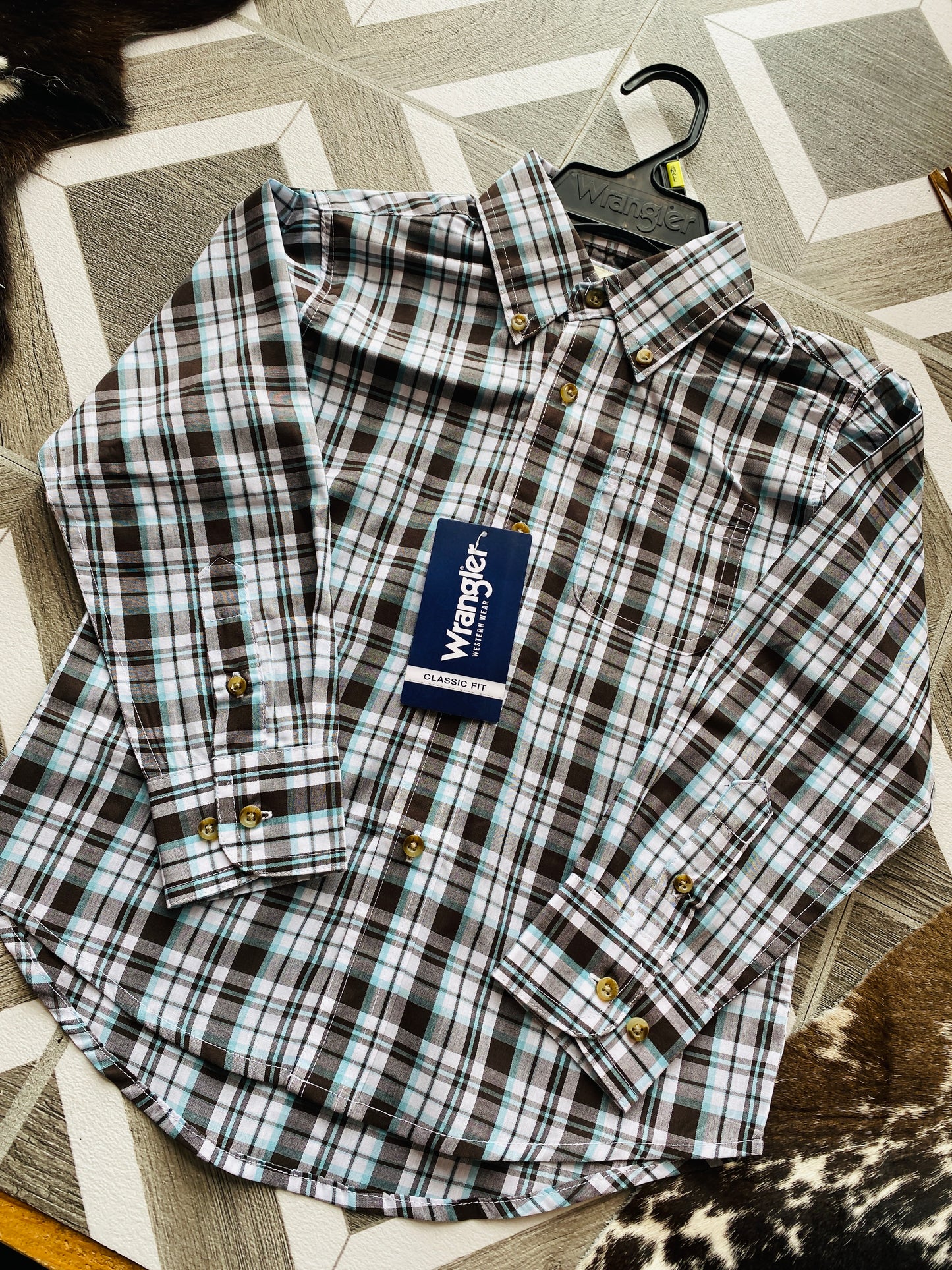 Wrangler “Boys” Riata Black plaid long sleeve