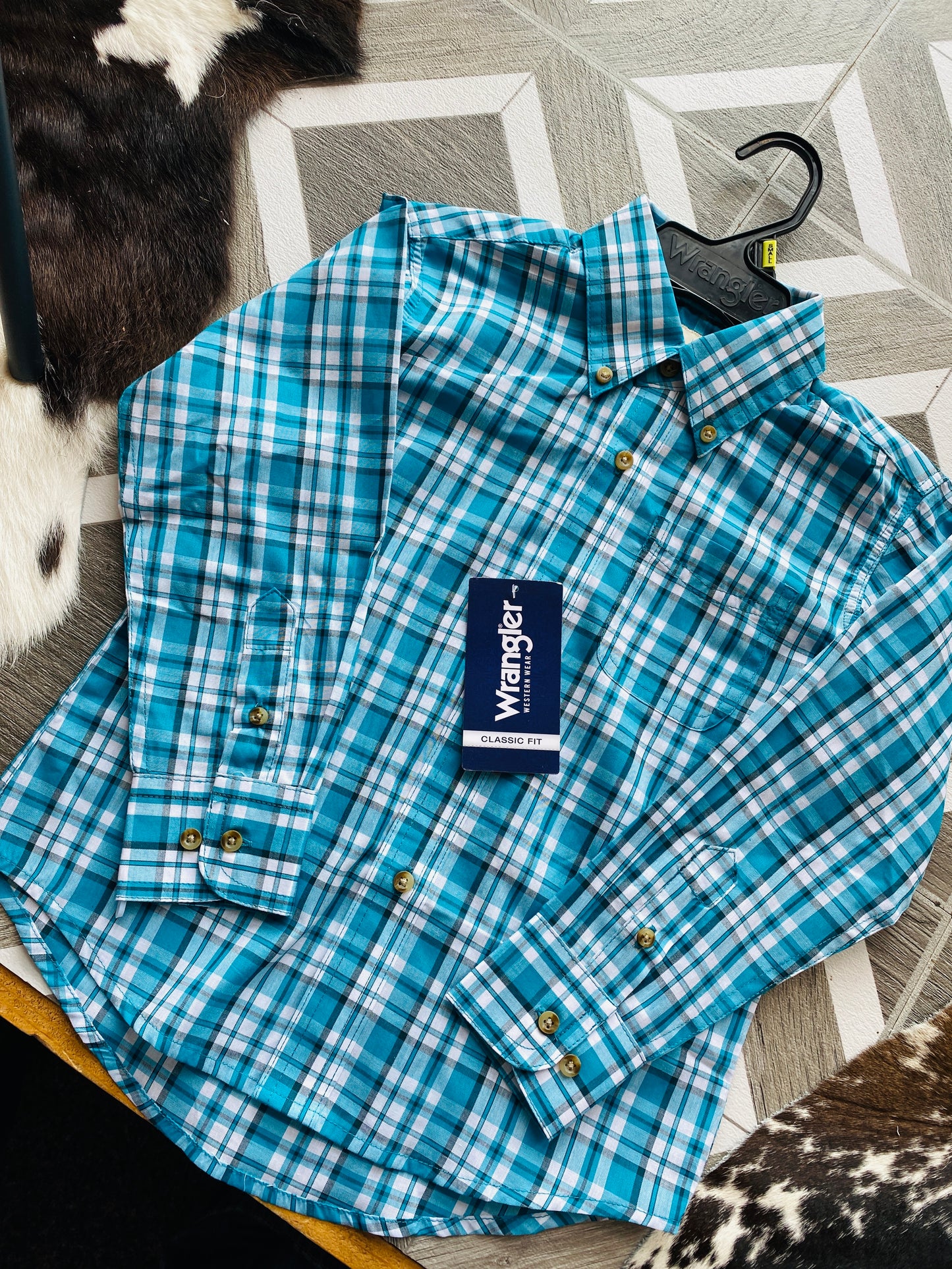 Wrangler “Boys” Riata Blue plaid long sleeve