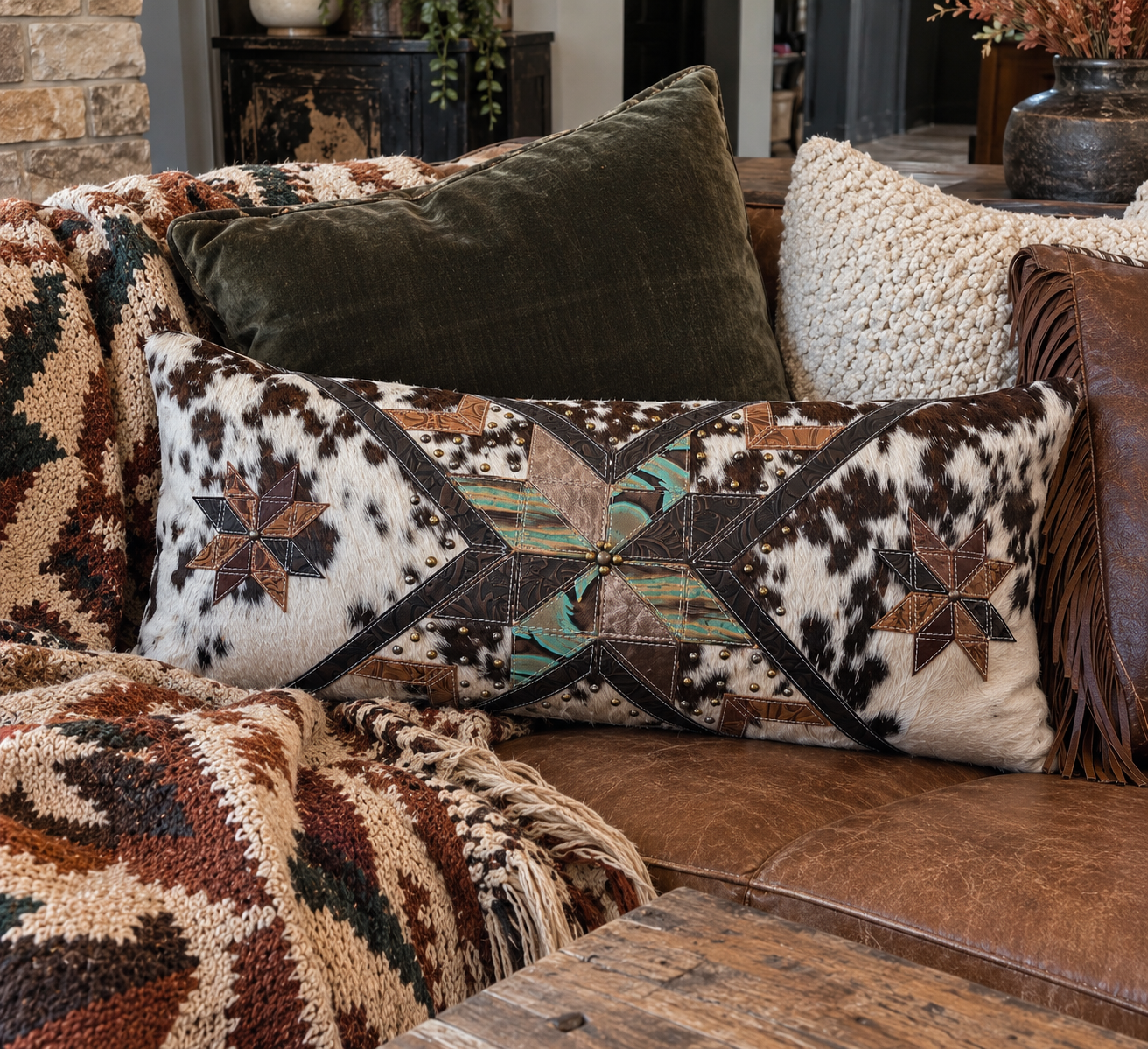 Turquoise Star Quilt Lumbar Pillow