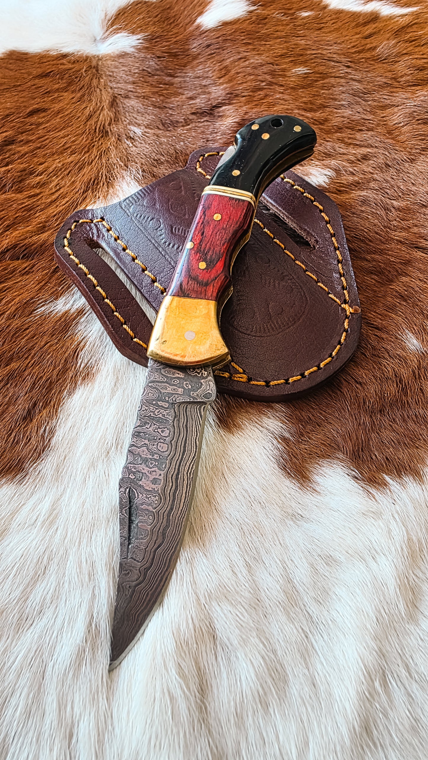 Damascus Steel Folding Knife- Red/Black