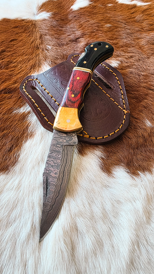 Damascus Steel Folding Knife- Red/Black