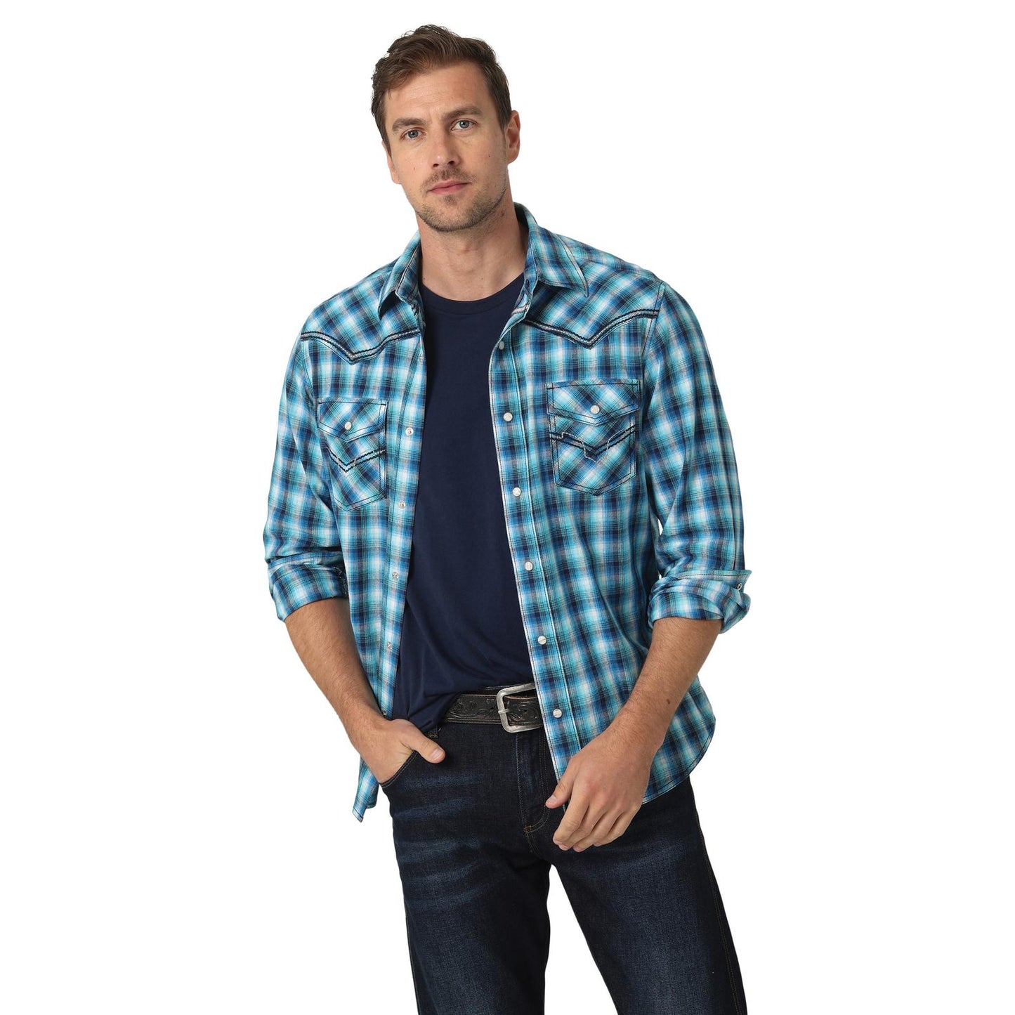 Wrangler Rock 47 Blue Plaid Long Sleeve Pearl Snap