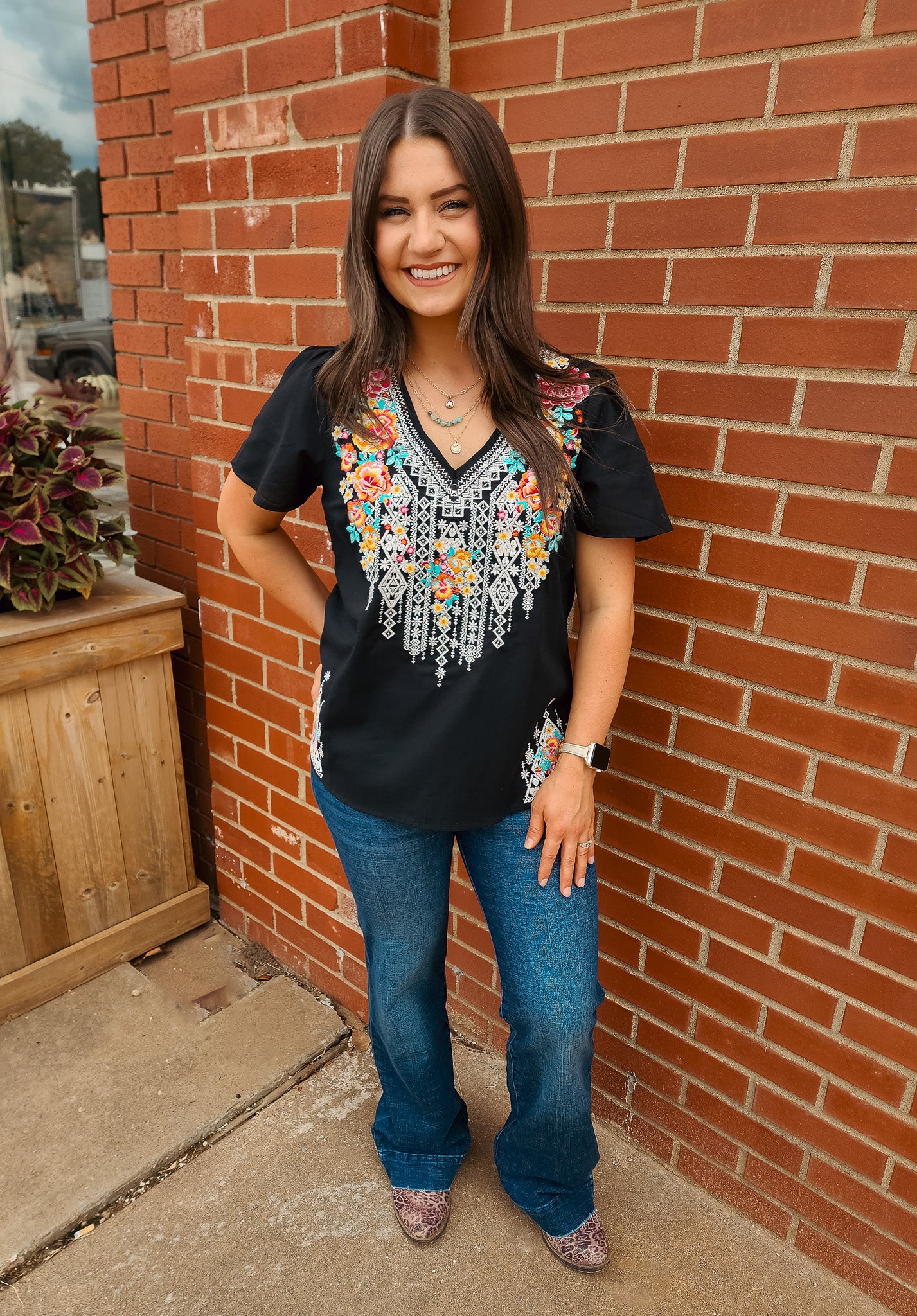 Black floral embroidered top