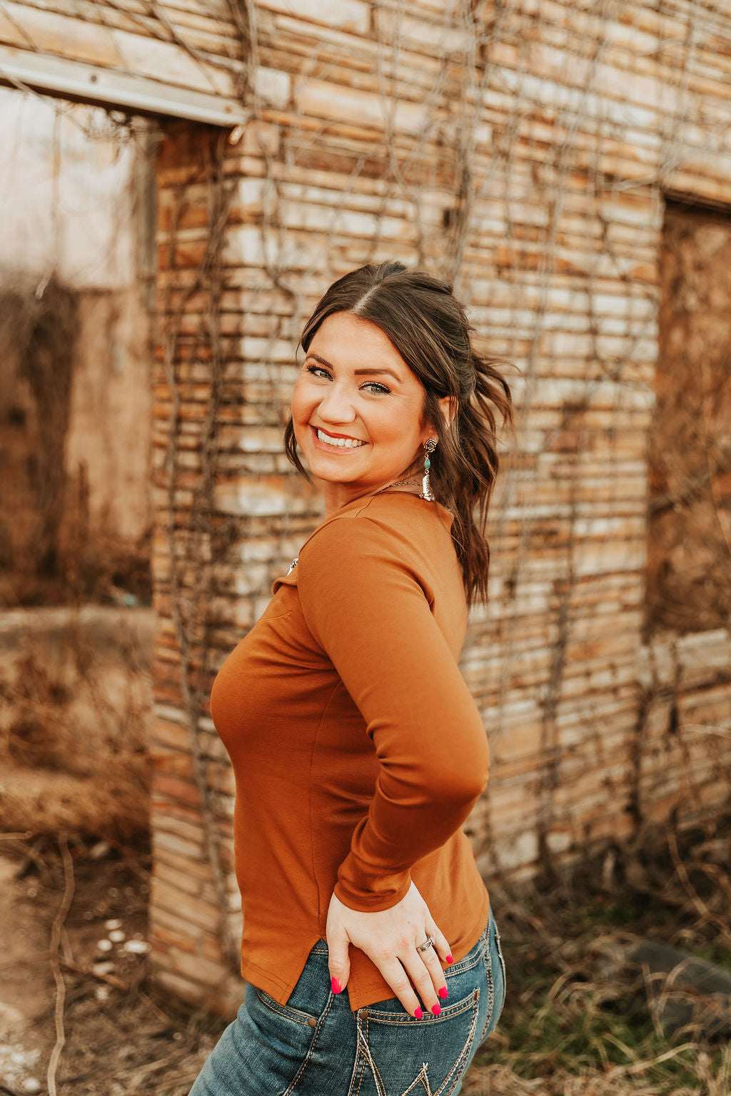 Embroidered Western Arrows Yoke Top- Camel