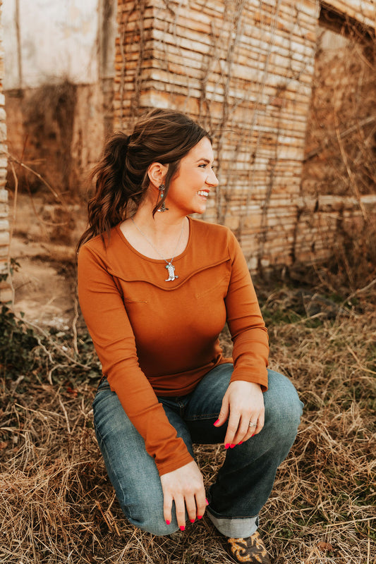 Embroidered Western Arrows Yoke Top- Camel