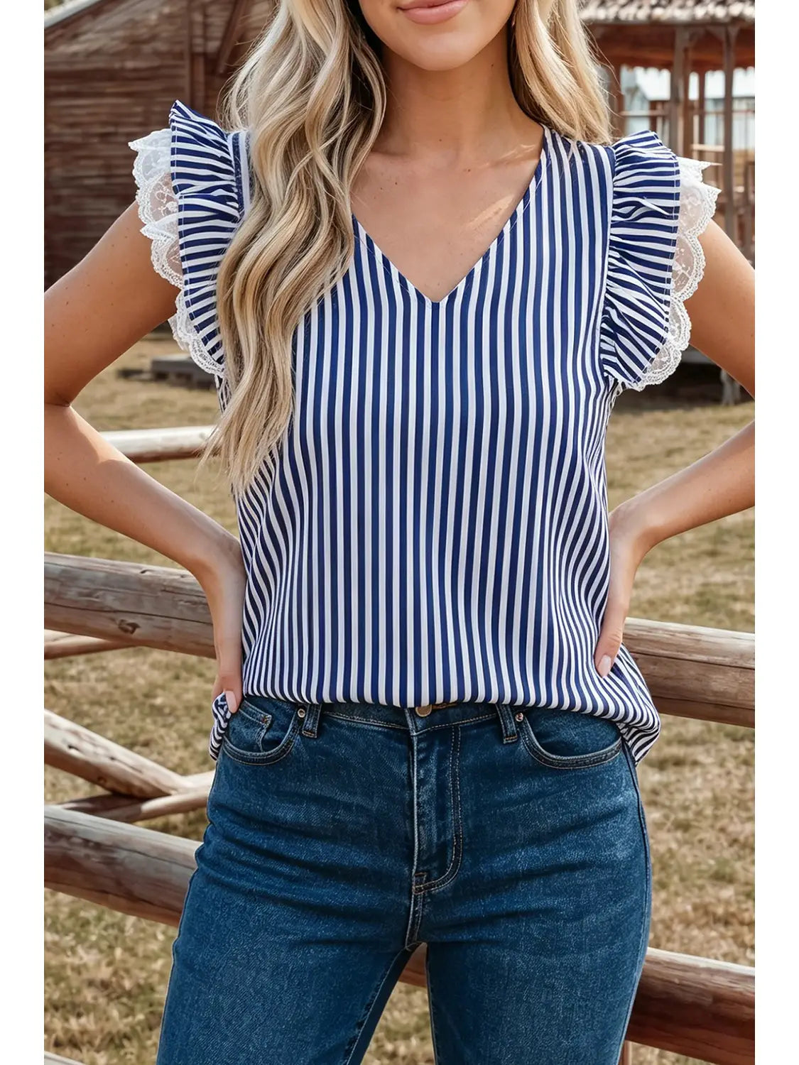 Stripe Ruffle Sleeve V-Neck