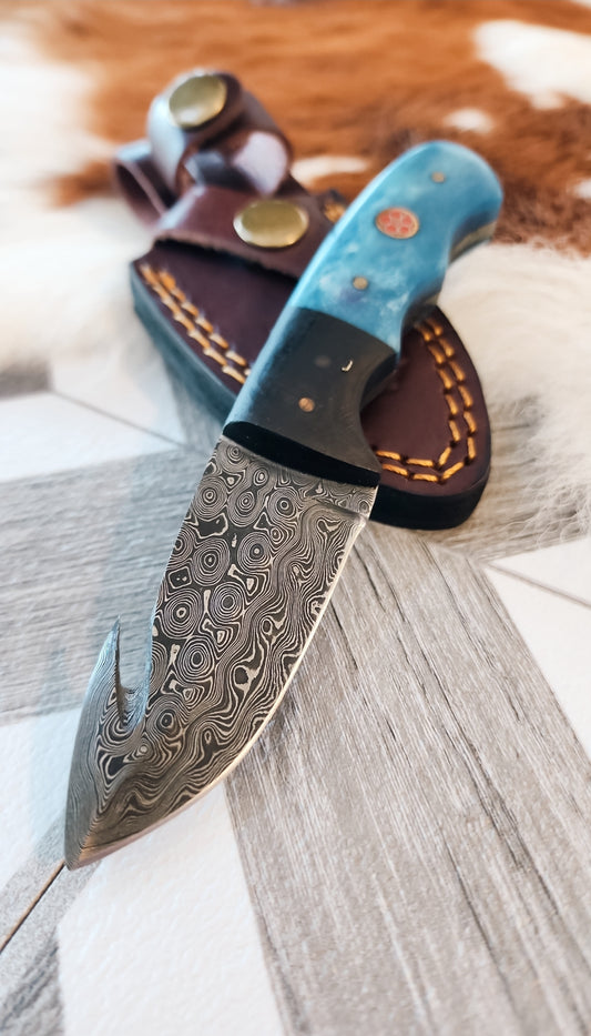 Damascus Skinning Gut Hook- Blue