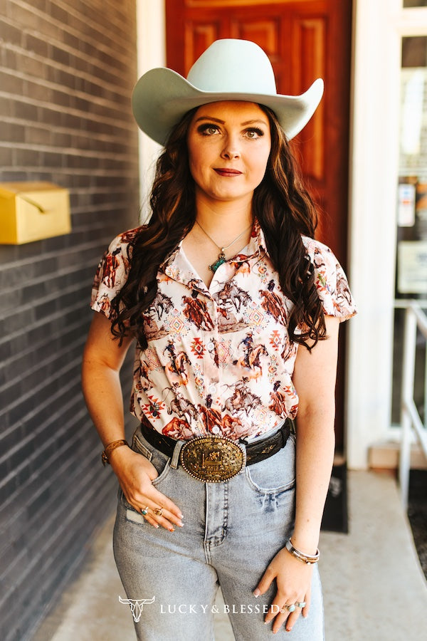 Western Beige Button Down Ruffle Sleeve Blouse