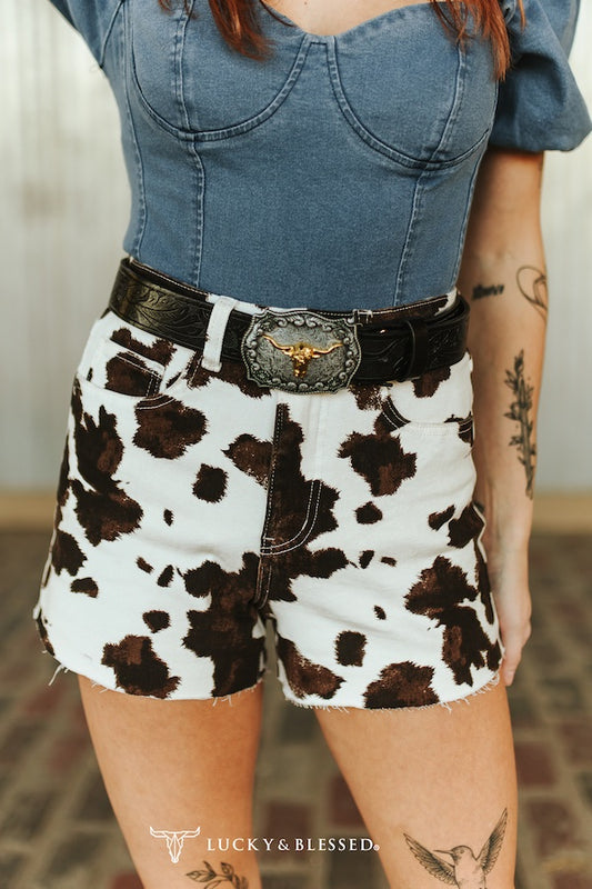 Cowhide Denim Shorts- Brown