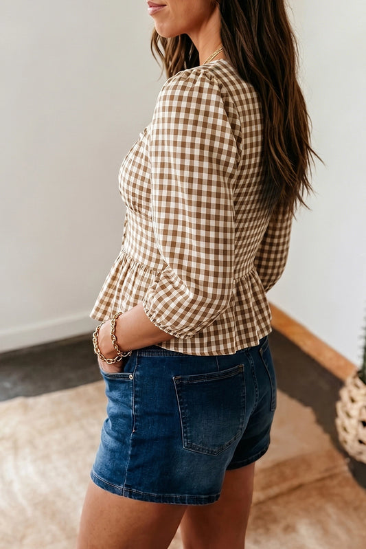Plaid 3/4 Sleeve Shirred Round Neck Peplum Top