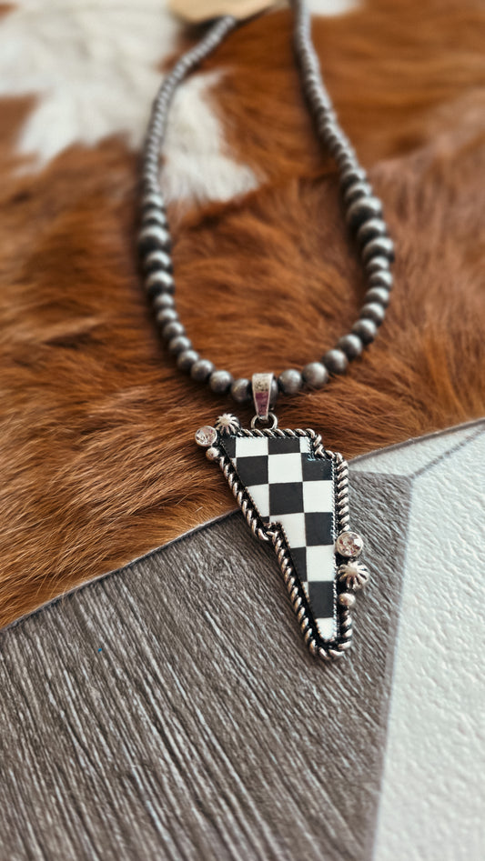 Checkered Lightning Bolt Necklace - Navajo Pearl